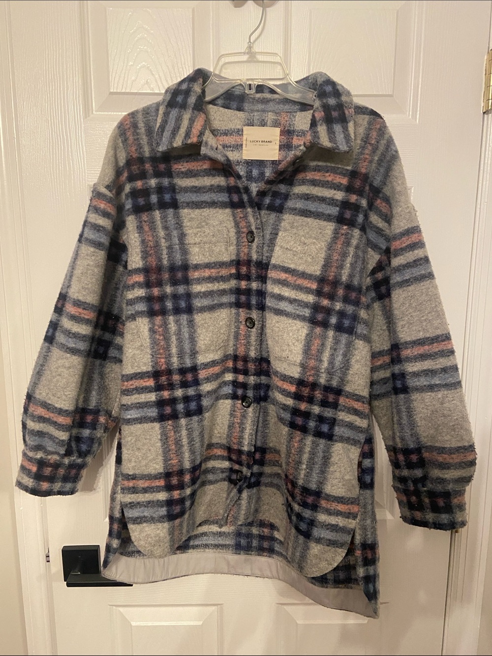 Lucky Brand Gray Plaid Button-Down Shirt Jacket with Navy & Pink Stripes